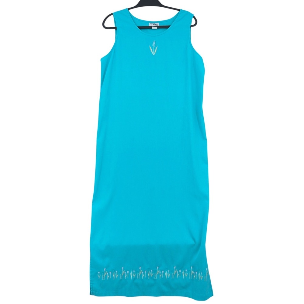 Tag Vintage Maxi Tank Dress Womens Large Poly Rayon Teal Blue 80's